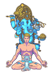 A young man meditates in the lotus position.  Ganesha is a symbol of Hinduism and his companion, the rat
