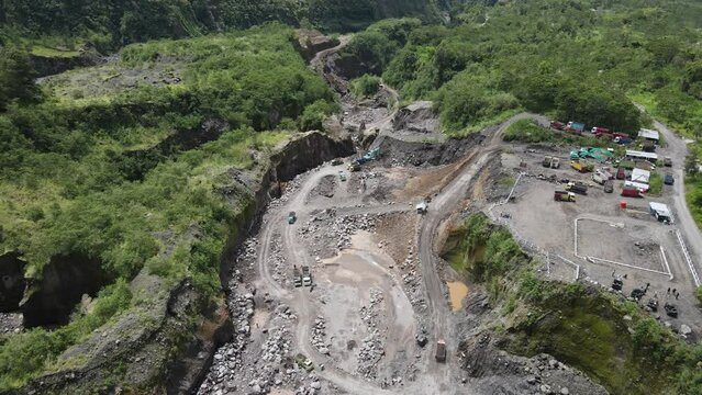 Aerial view of sand and stone mining activity in Merapi mountain Indonesia.