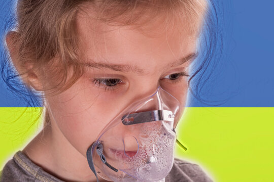 Upset girl, in a medical mask on the background of the flag of Ukraine, the inscription No war . Crisis, peace, stop aggression, child against war