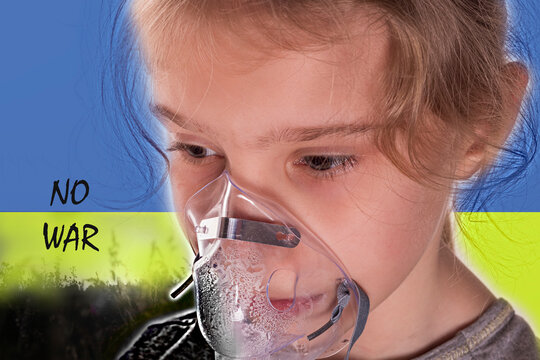 Upset girl, in a medical mask on the background of the flag of Ukraine, the inscription No war . Crisis, peace, stop aggression, child against war