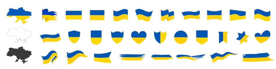 Ukraine flag set. Ukraina map on a transparent background. Waving Glorious Ukraine Flag. National symbol. Square, round and heart shape. Stock vector.