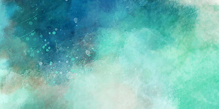 Aquamarine watercolor powder splatters and blots. Blank Abstract light watercolor paper background with space for copy space. fantastic soft cloud and sky abstract background with grunge texture. 