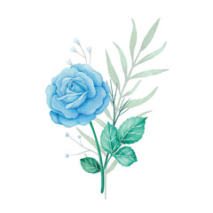 Flowers bouquet with blue roses and green leaves. Watercolor floral  arrangement and composition illustration.