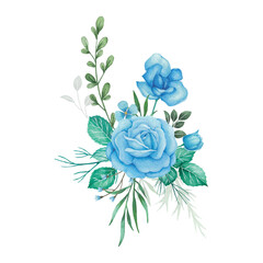 Flowers bouquet with blue roses and green leaves. Watercolor floral  arrangement and composition illustration.