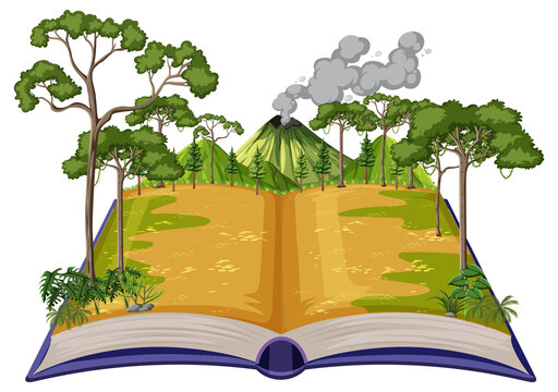 Book with scene of volcano in forest