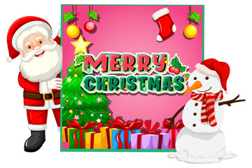 Merry Christmas banner with Santa Claus and snowman