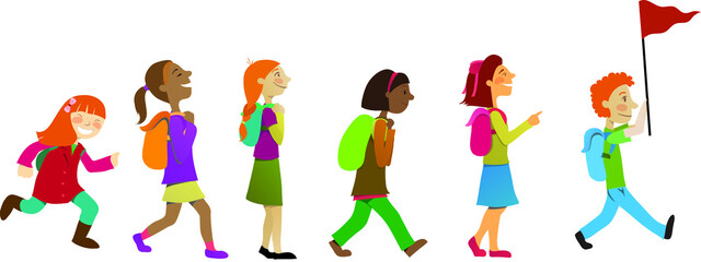 outlined vector illustration of a group of young kids of different sex and nationalities
