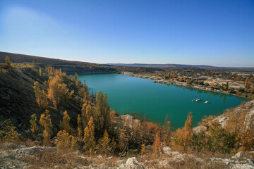 Mountain lake among the autumn forest, Crimea.