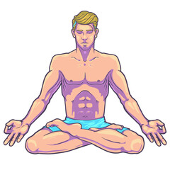 A young man meditates in the lotus position. Healthy lifestyle