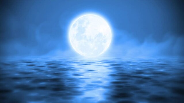 Blue Moon Reflection Over Sea Water.  Sky Night Clouds Landscape with Moonlight.  Calm, Tranquil and Peace of Mind. Slow Motion. Scenic View 4k Video 
