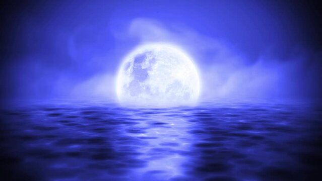 Romantic Moon Over Calm Water Reflection at Night sky with Foggy Clouds and Sea Water Slow Motion Flow. Moonlight and Midnight Scenery. Wide View 4k Video 
