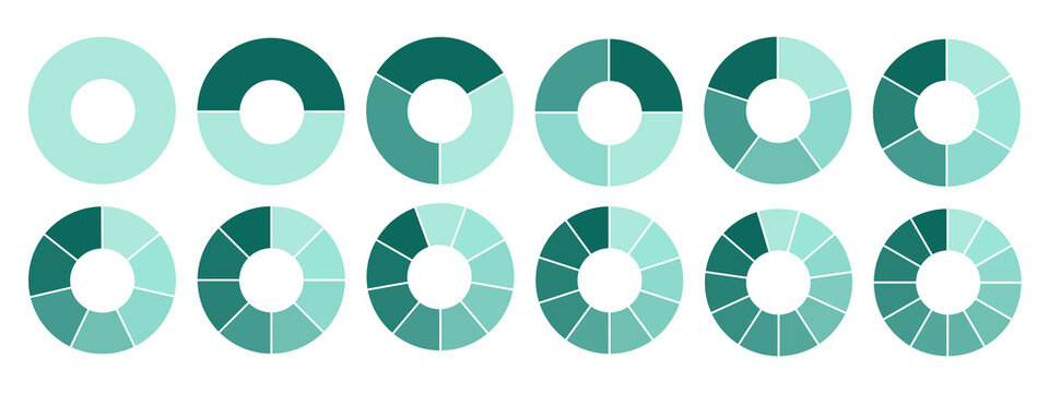 Set of segmented circles isolated on white background. A different number of sectors divides the circle into equal parts.