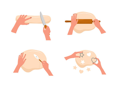 Kneading dough hands. Woman preparing homemade bakery or cookies. Top view. Stay home and cook healthy food by recipe. Vector illustration in flat cartoon style.