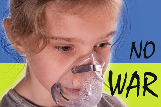 Upset girl, in a medical mask on the background of the flag of Ukraine, the inscription No war . Crisis, peace, stop aggression, child against war
