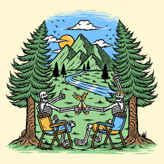 enjoying beer with friends in the mountains illustration
