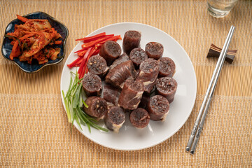 The Korean Blood Sausage or Sundae, Soondae is Korean traditional national food. Street home Asian...