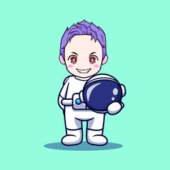 cute and handsome purple hair astronaut holding his helmet
