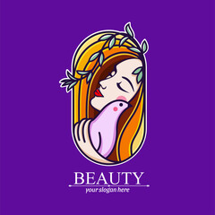 Logo woman with a bird. The girl gently hugs the bird. Vector template. Abstract design concept for many lines of business.