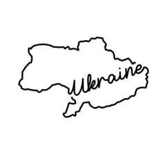 Ukraine outline map with the handwritten country name. Continuous line drawing of patriotic home sign