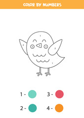Color cartoon spring bird by numbers. Worksheet for kids.