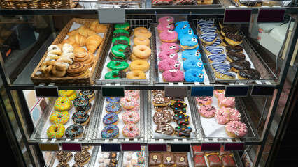 sale of donuts. donuts are sold in a cafe. beautiful colorful donuts