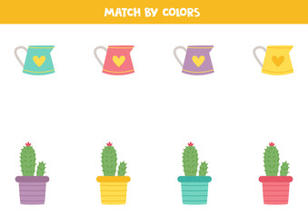 Color matching game for preschool kids. Match watering cans and cacti by colors.