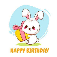 Cute cartoon character of bunny with gift box. Hand drawn style flat character