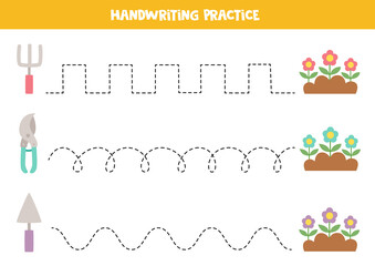 Tracing lines for kids. Cartoon gardening tools. Writing practice.