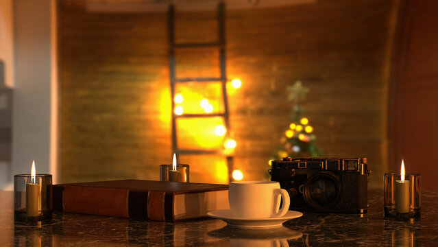 A vintage camera and a book on marble table with candle light and a cup of coffee. 3d rendering