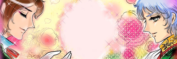 ７０年代少女漫画イケメン王子様たちがプロポーズするキラキラ薔薇背景イラスト
