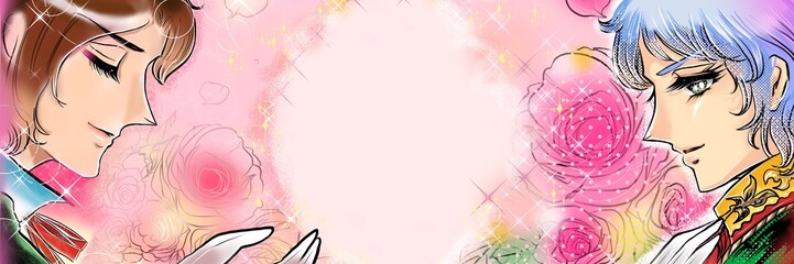 ７０年代少女漫画イケメン王子様たちがプロポーズするキラキラ薔薇背景イラスト
