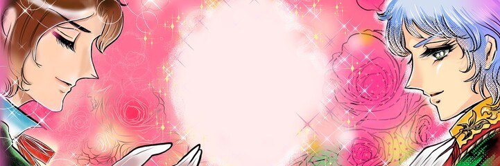 ７０年代少女漫画イケメン王子様たちがプロポーズするキラキラ薔薇背景イラスト