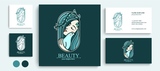 Fototapeta premium Logo woman with a bird. The girl gently hugs the bird. Vector template. Abstract design concept for many lines of business.