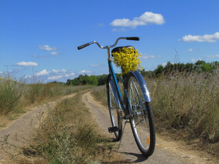 Fototapeta na wymiar a bicycle with a bouquet of yellow daisies on a country road; Ryazan region; Russia - July 2021