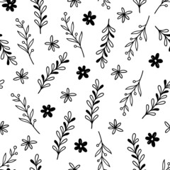 Hand drawn leaf, flower seamless pattern. Doodle simple froral style. Leaf background vector illustration