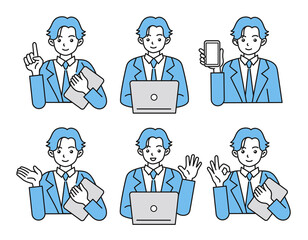 Fototapeta premium 働く男性の様々なイラストセット. ビジネスのコンセプトデザイン. 白背景にベクター素材.