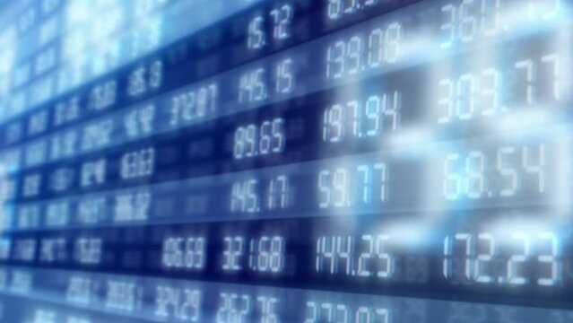 Securities and exchange currency indexes on the stock market board and digital interface of computer screen. Business animation concept with financial figures and economic numbers of growing profit.