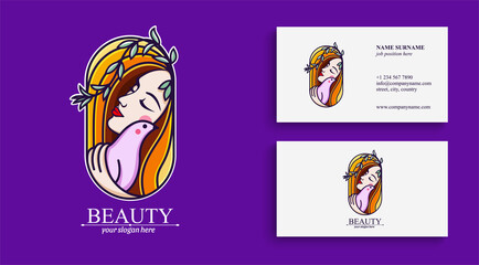 Logo woman with a bird. The girl gently hugs the bird. Vector template. Abstract design concept for many lines of business.