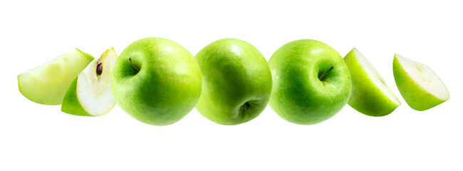 A group of green apples levitating on a white background