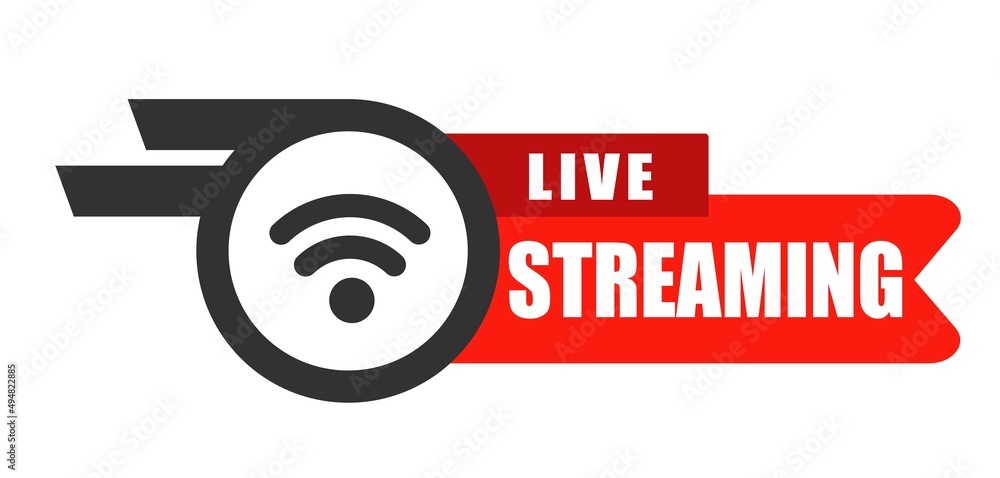 Poster live stream flat logo - red vector design element with play button. vector