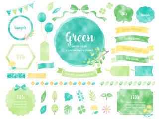 新緑の水彩風イラストとフレームのセット / 緑、葉、初夏、植物、あしらい
