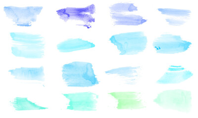 A large collection of watercolor strokes in blue-green color.