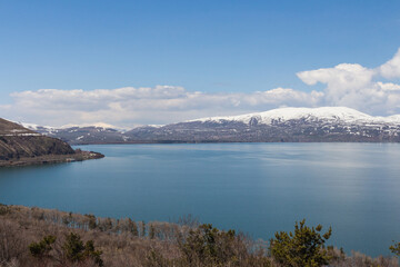 View of Lake Sevan and the snow-capped peaks around it in Armenia.