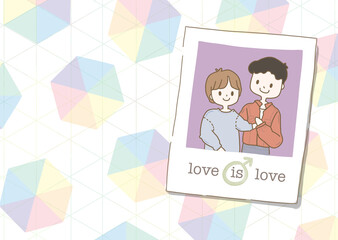 Isometric background in coloerful rainbow on white background with photo of man couple.