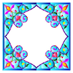 Obraz premium Illustration in stained glass style flower frame, bright flowers and leaves in blue frame on a white background