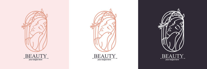 Logo woman with a bird. The girl gently hugs the bird. Vector template. Abstract design concept for many lines of business.