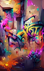 Poster Street graffiti, abstract words on the wall. Graffiti drawing with bright colors, paint. Illustration © Mars0hod