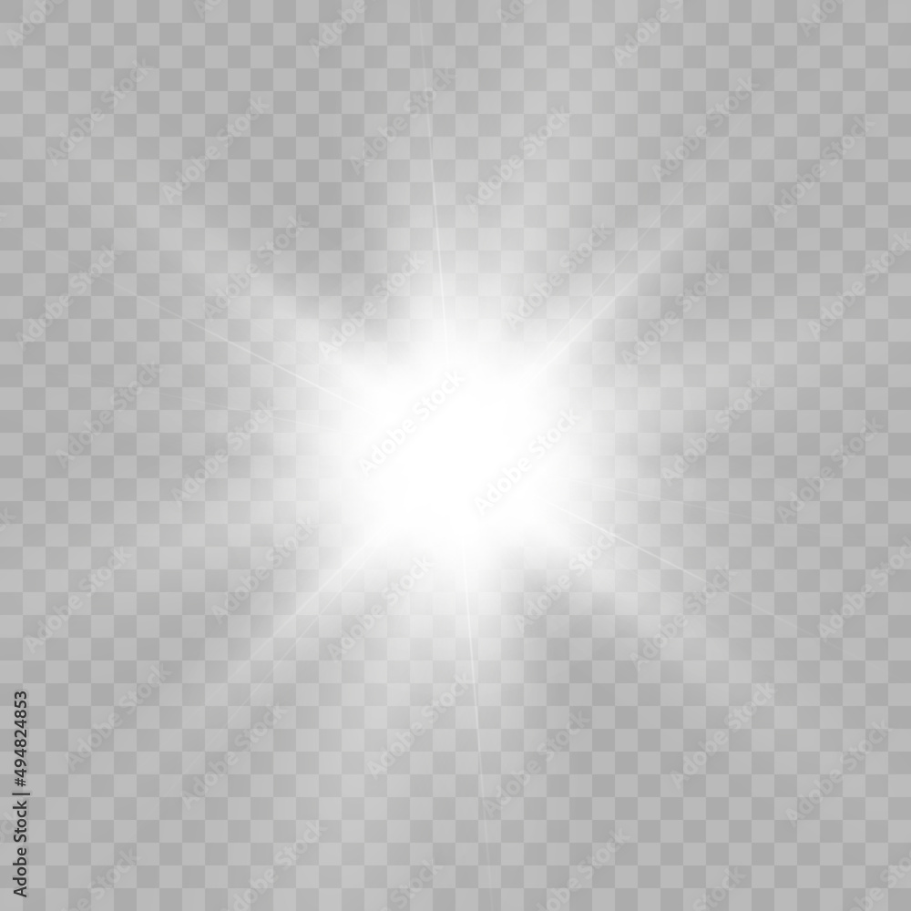 Poster White beautiful light explodes with a transparent explosion. Vector, bright illustration for perfect effect with sparkles. Bright Star. Transparent shine of the gloss gradient, bright flash.