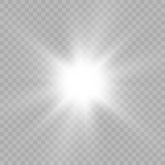White beautiful light explodes with a transparent explosion. Vector, bright illustration for perfect effect with sparkles. Bright Star. Transparent shine of the gloss gradient, bright flash.
