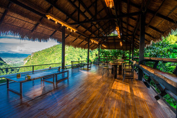 The background of a wooden chair, a wooden table that is placed to sit, relax or bring a garden,...